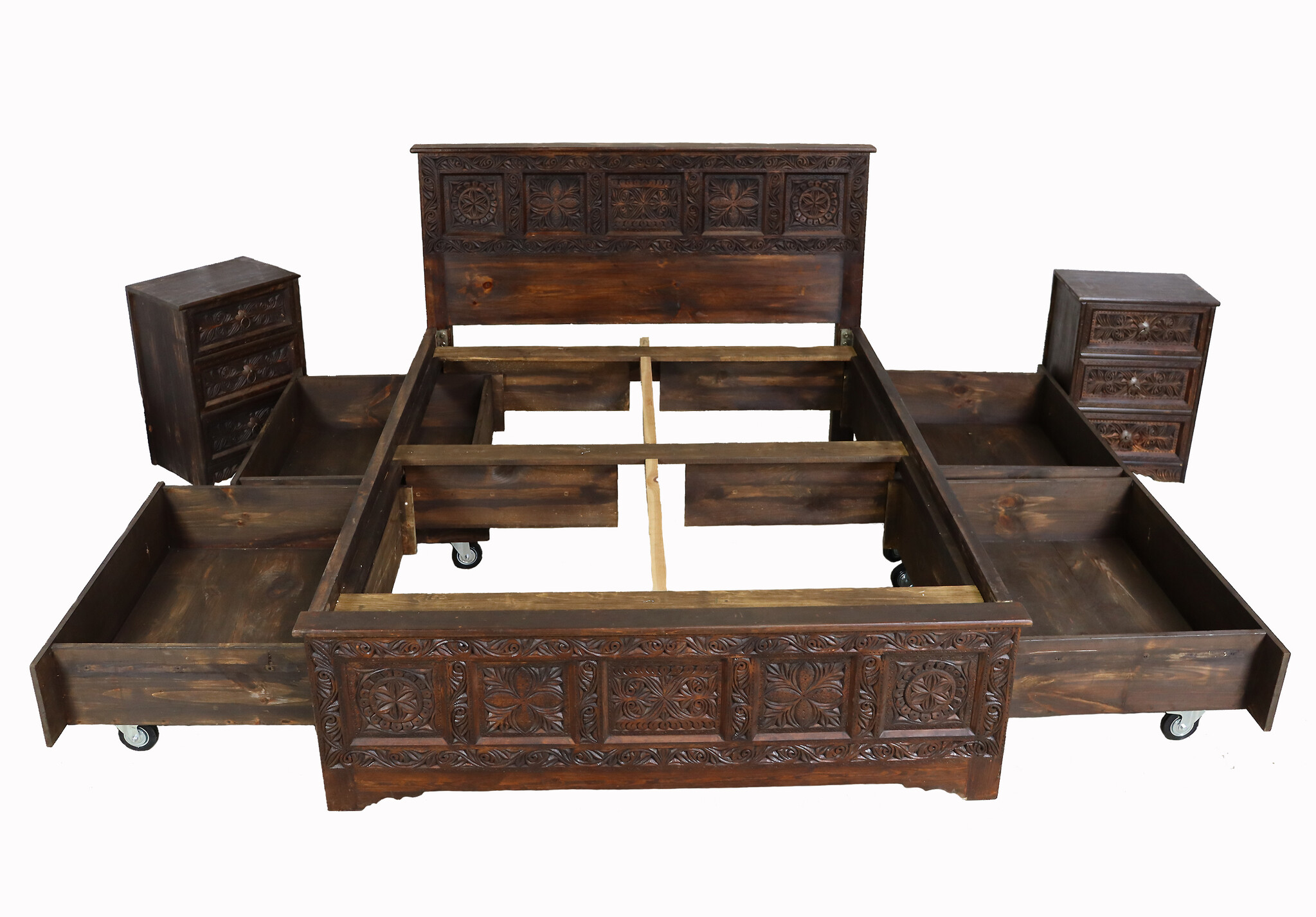 bedroom set orient hand-carved solid wood bed double bed with 4 drawers and 2 bedside table  Nuristan  Afghanistan 23 home