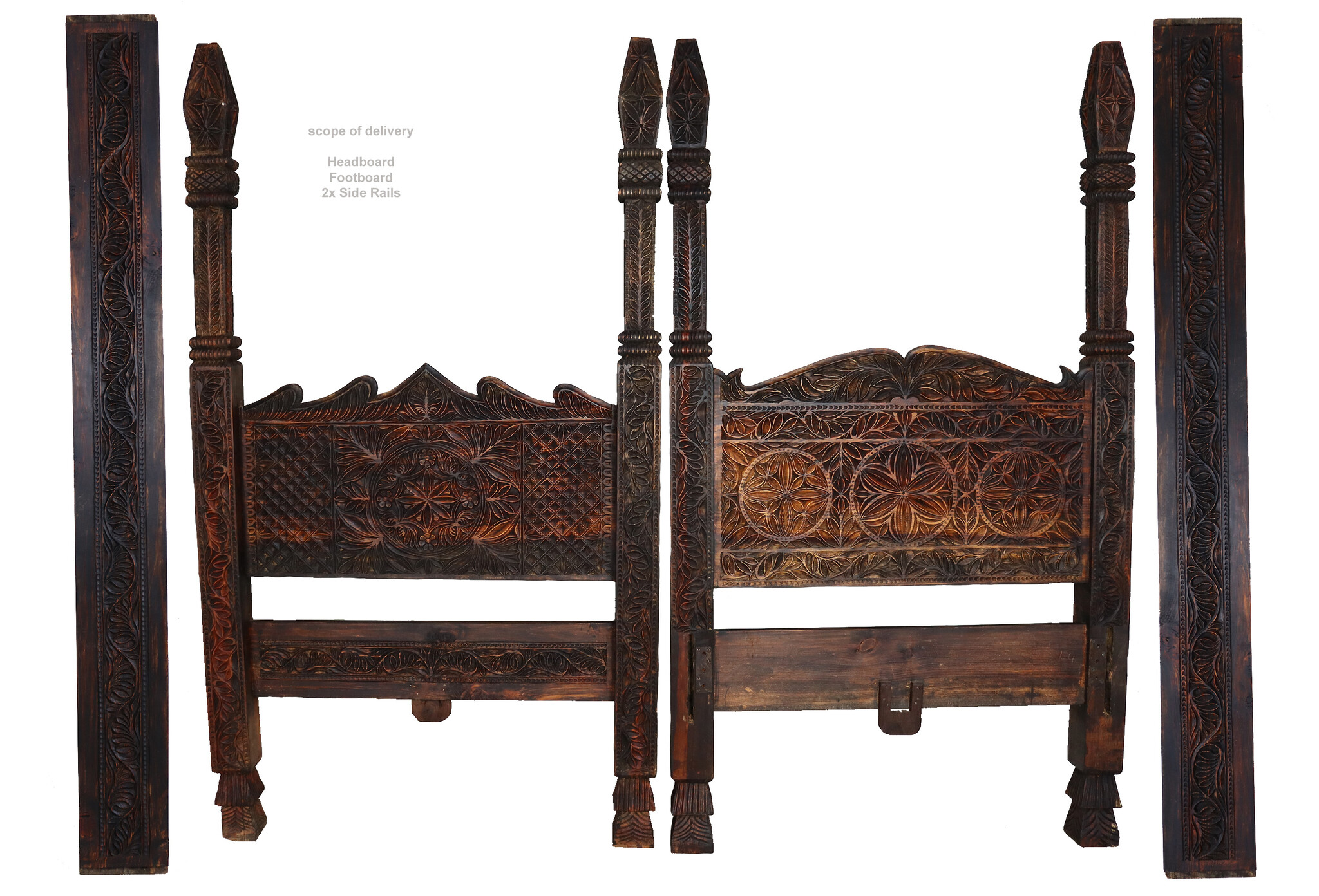 single bed four-poster bed guest bed bedroom orient hand-carved solid wood bed from Nuristan Afghanistan 2000