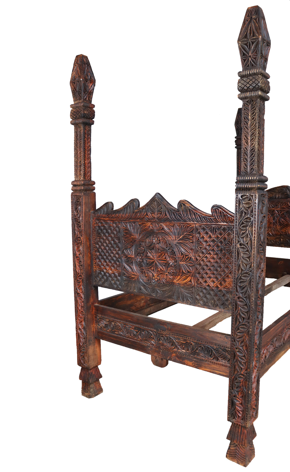 single bed four-poster bed guest bed bedroom orient hand-carved solid wood bed from Nuristan Afghanistan 2000