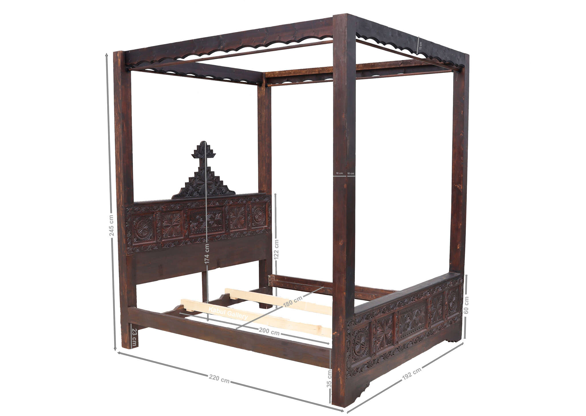 bedroom set orient hand-carved solid wood bed double bed bedside table Four poster bed with satin curtains Nuristan Afghanistan 23