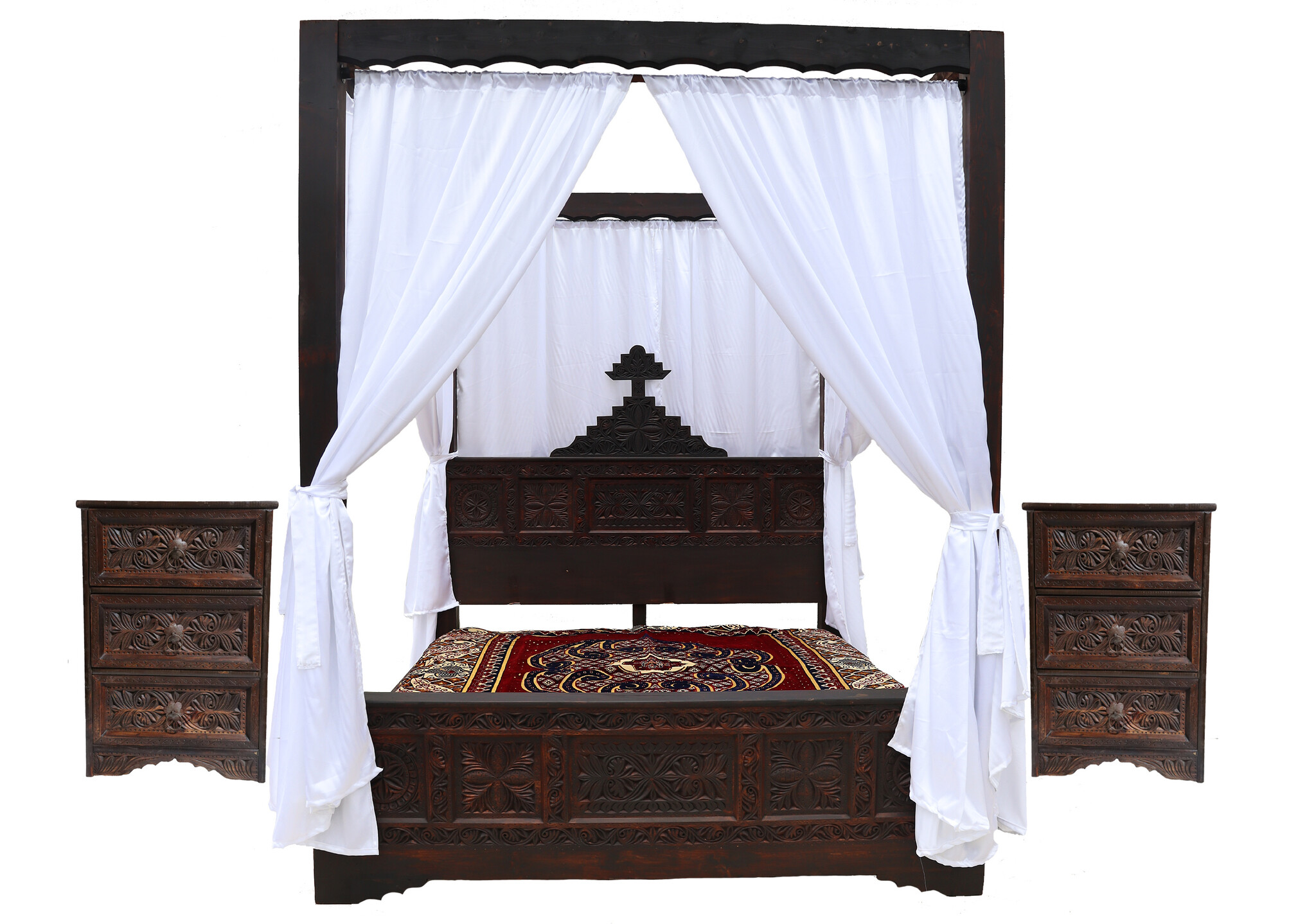 bedroom set orient hand-carved solid wood bed double bed bedside table Four poster bed with satin curtains Nuristan Afghanistan 23