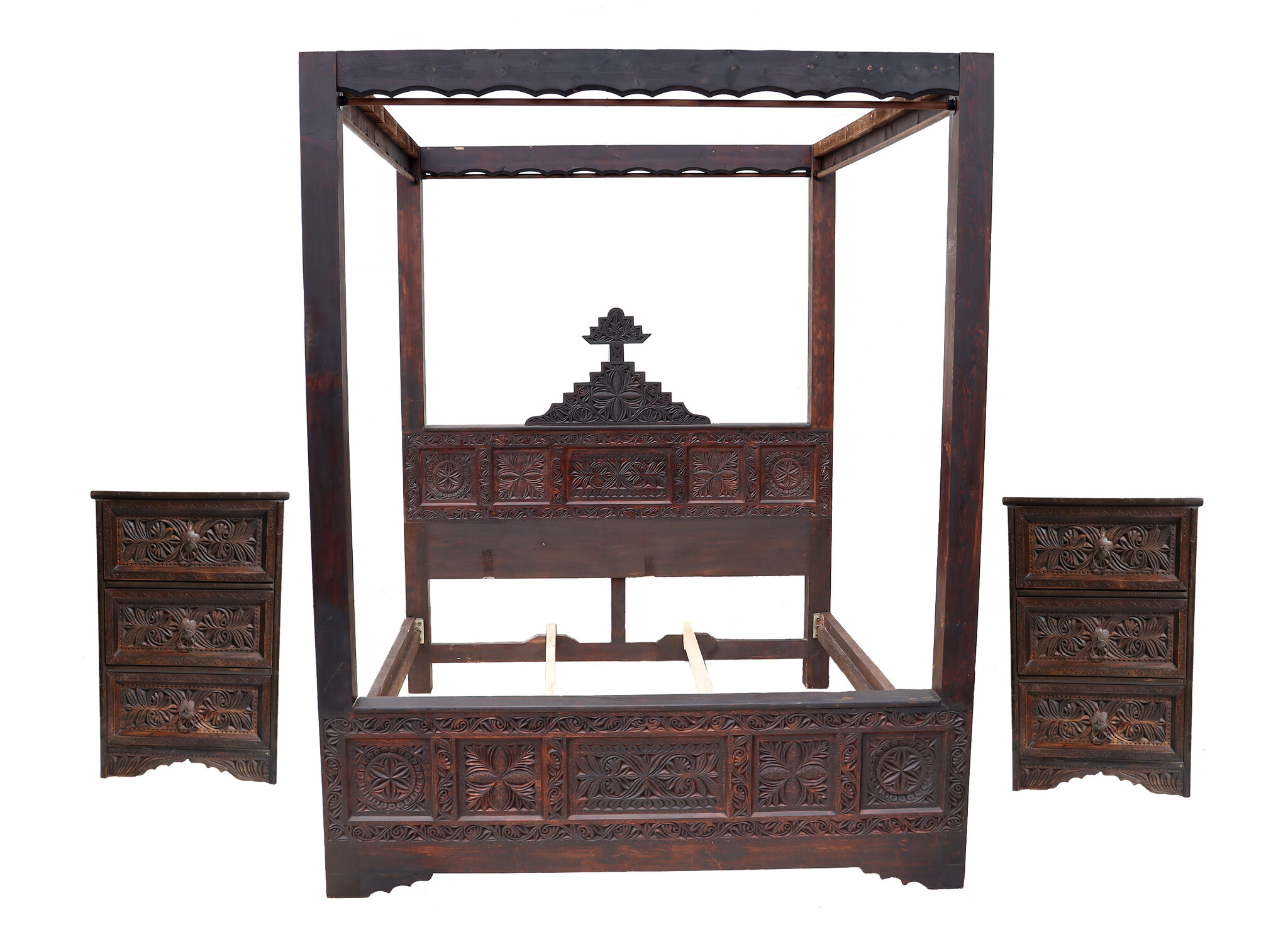 bedroom set orient hand-carved solid wood bed double bed bedside table Four poster bed with satin curtains Nuristan Afghanistan 23