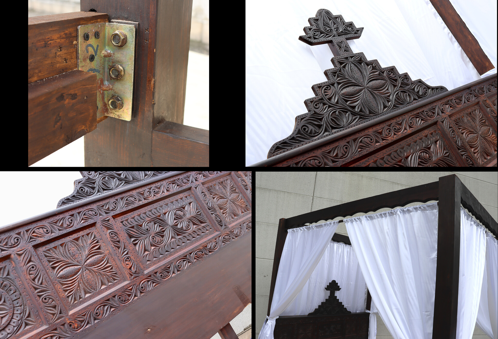 bedroom set orient hand-carved solid wood bed double bed bedside table Four poster bed with satin curtains Nuristan Afghanistan 23