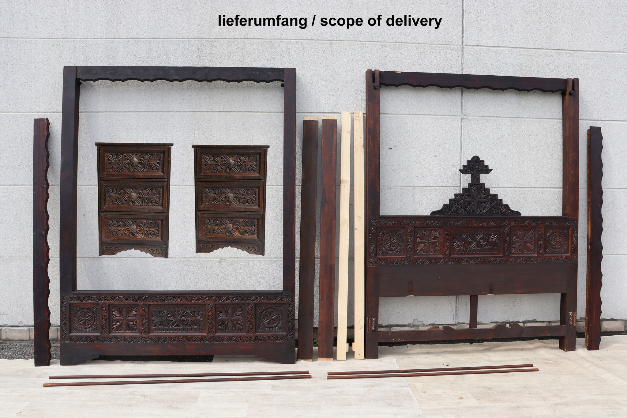 bedroom set orient hand-carved solid wood bed double bed bedside table Four poster bed with satin curtains Nuristan Afghanistan 23