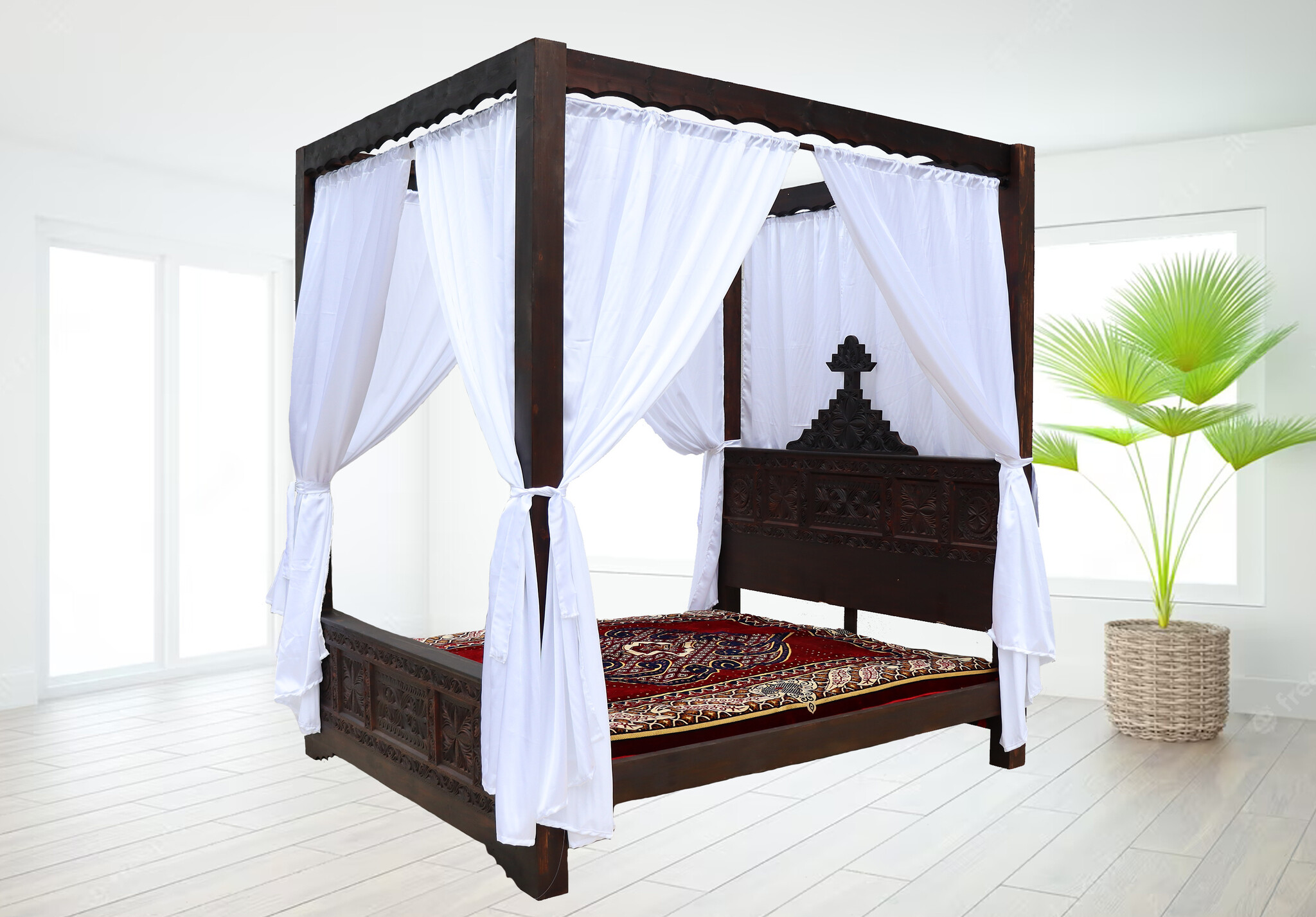 bedroom set orient hand-carved solid wood bed double bed bedside table Four poster bed with satin curtains Nuristan Afghanistan 23
