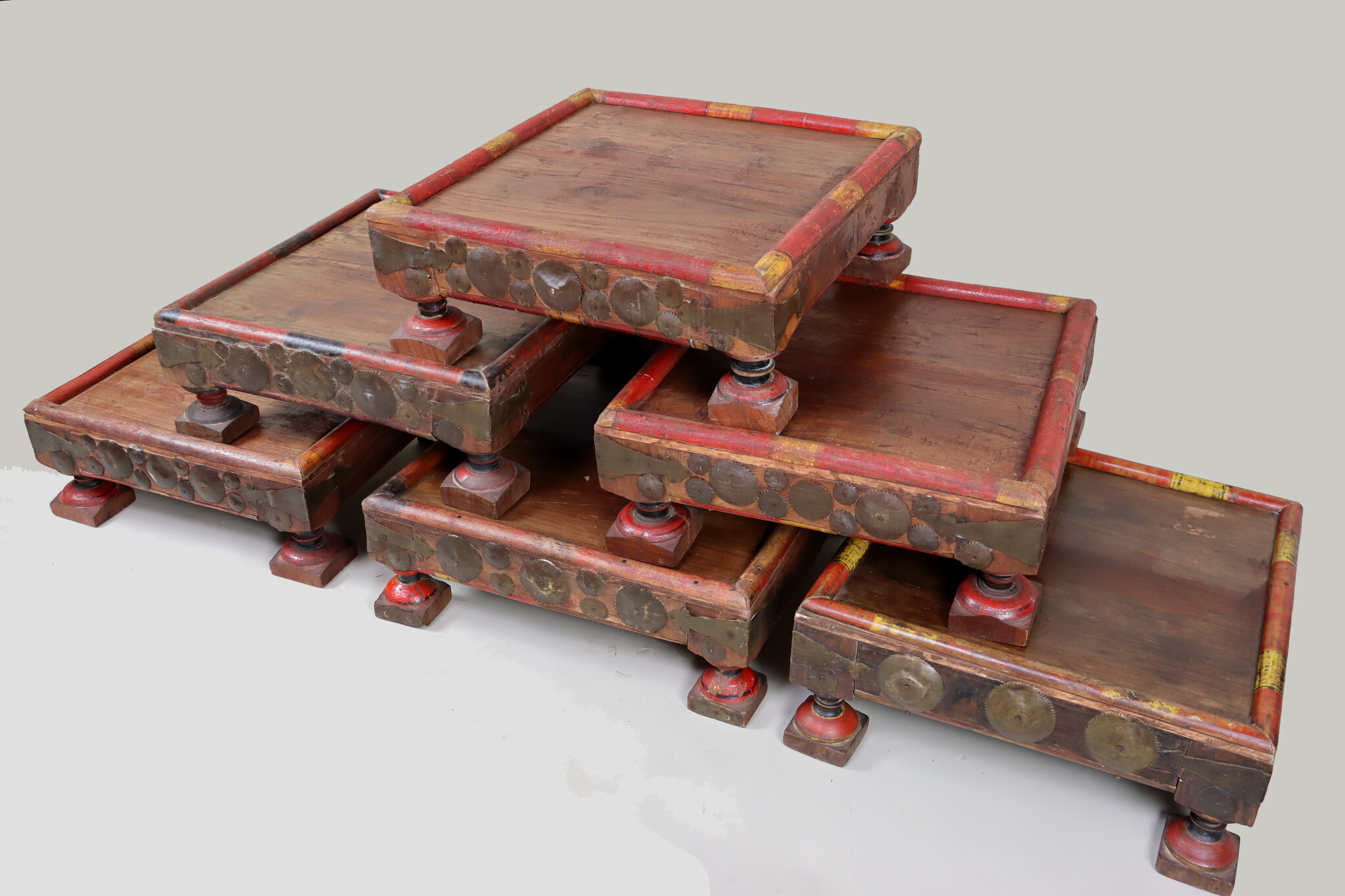 55x55 cm Antik Massivholz handgeschnitzte orient Teetisch beisteltisch Tisch Hocker Messing verziert aus Afghanistan Nr-23