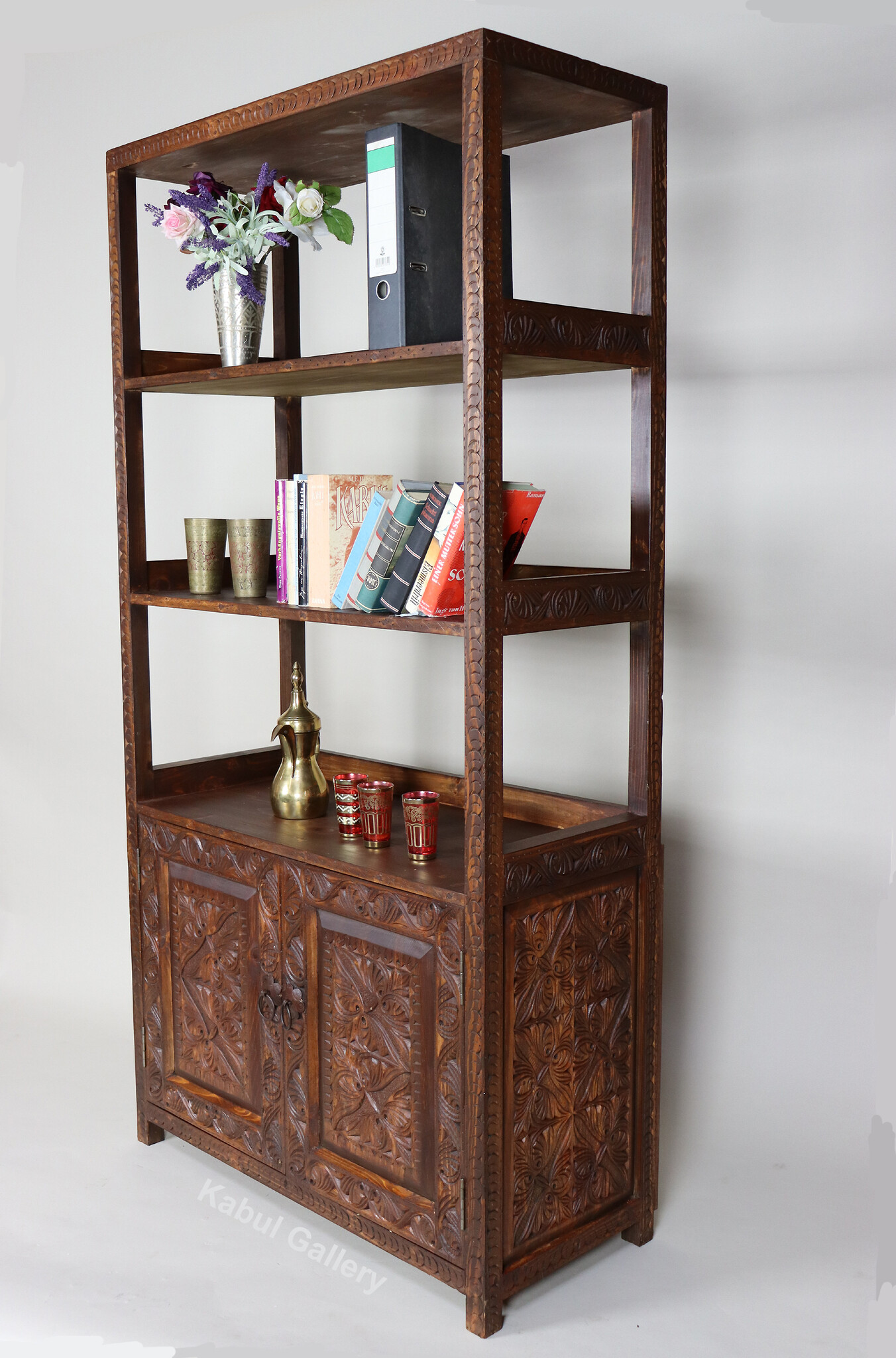 antique-look Hand carved solid wood  orient vintage wooden cabinet bookshelf shelf from Afghanistan Nuristan 23