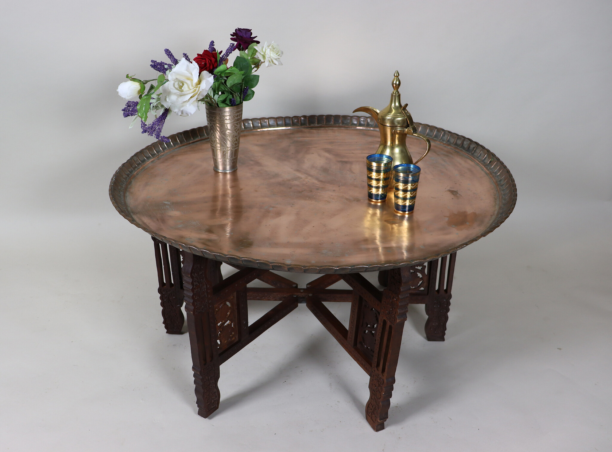 93  cm Ø  Antique ottoman orient Islamic  Hammer Engraved Copper table Tea table side table Tray from Afghanistan  No-HH - HH22A