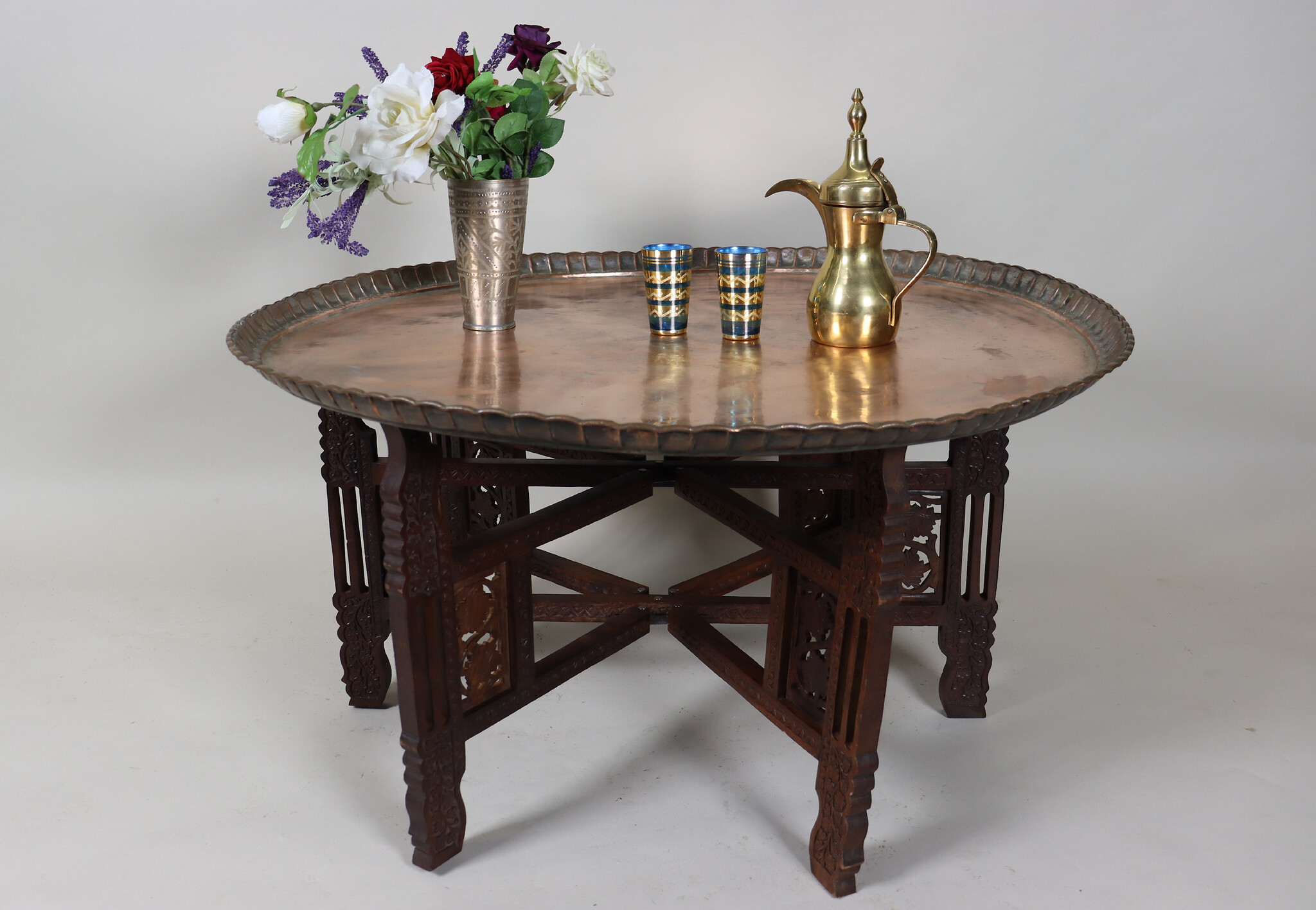 93  cm Ø  Antique ottoman orient Islamic  Hammer Engraved Copper table Tea table side table Tray from Afghanistan  No-HH - HH22A