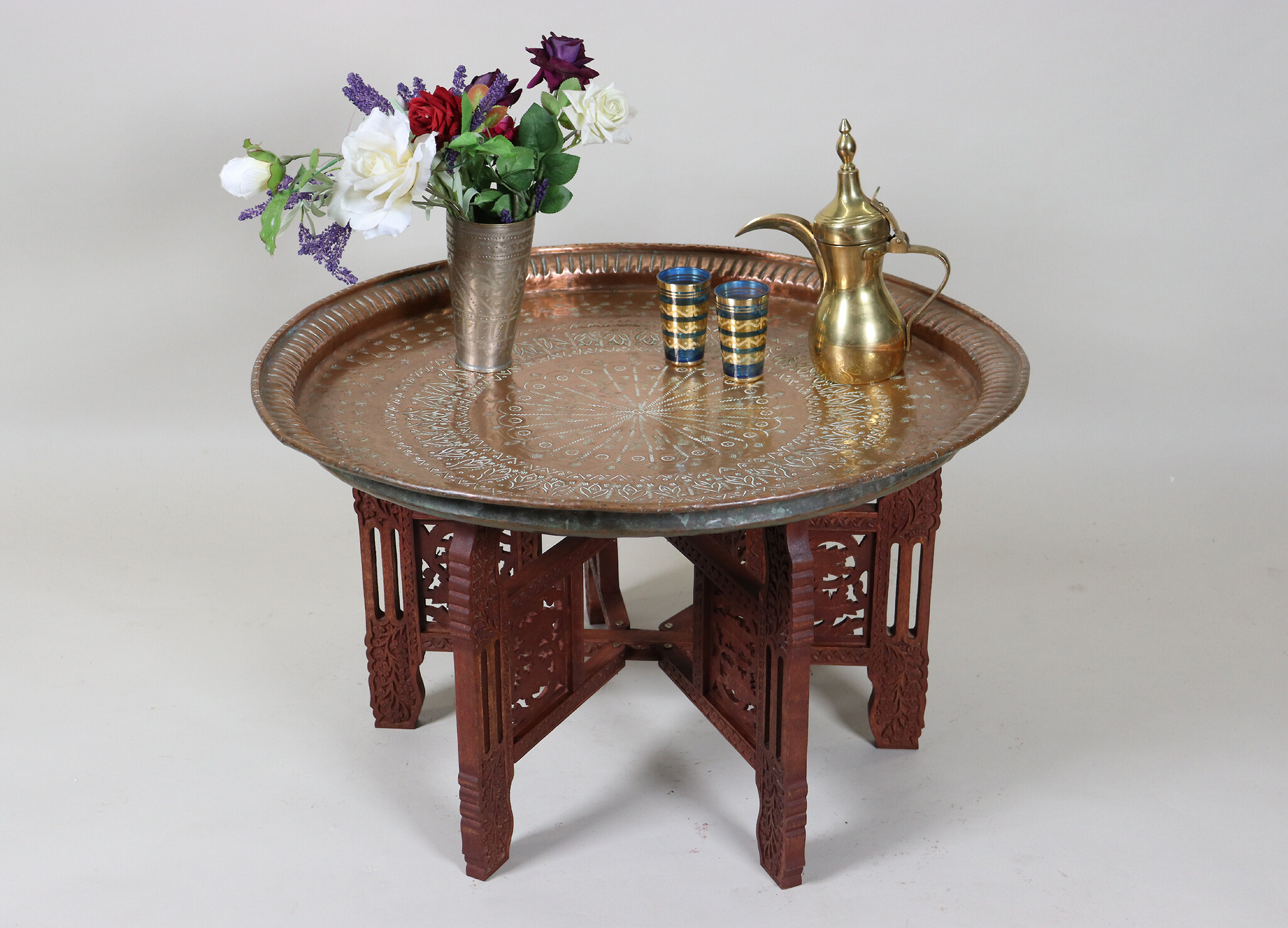 75  cm Ø  Antique ottoman orient Islamic  Hammer Engraved Copper table Tea table side table Tray from Afghanistan  No-HH - HH22B