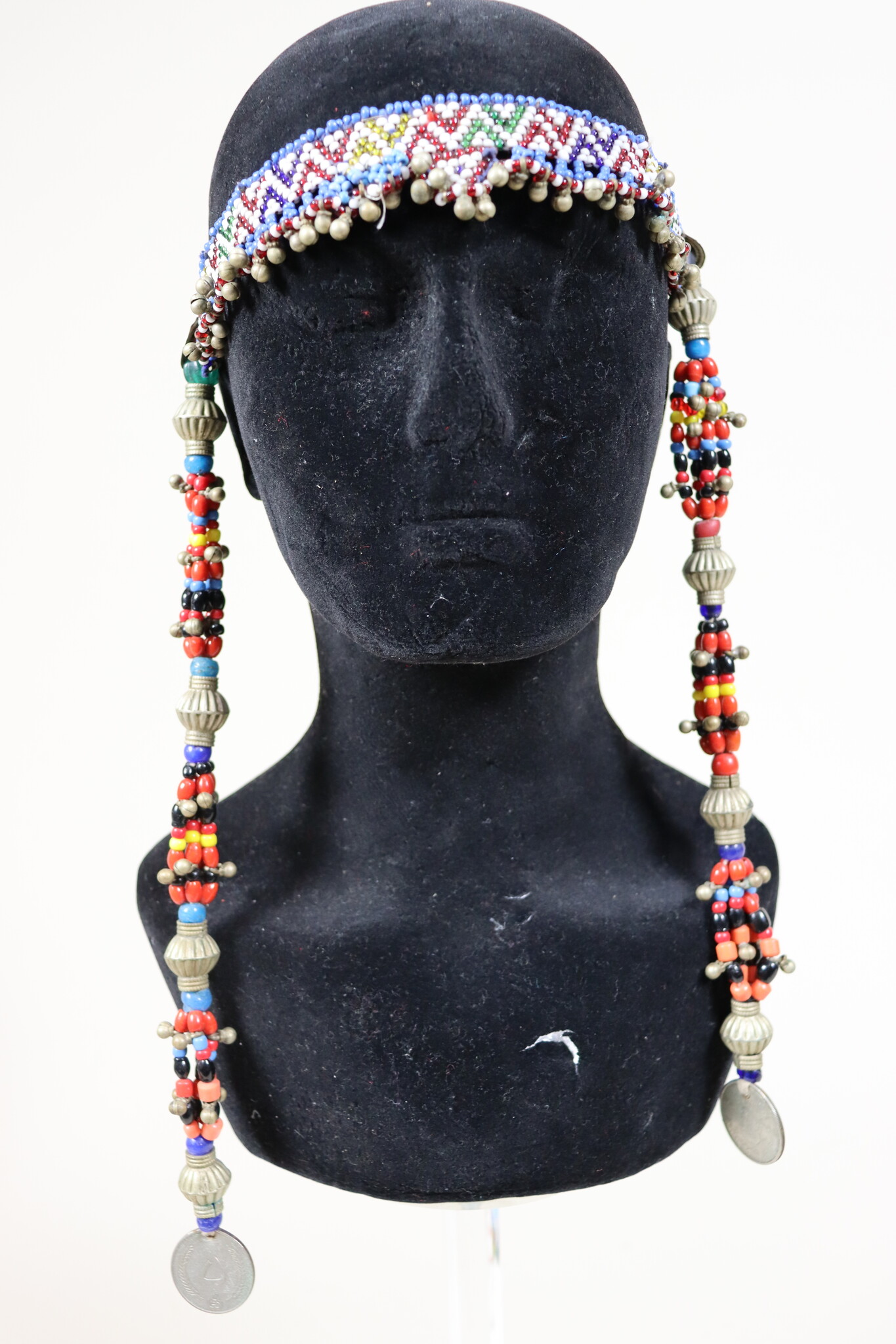 antik Afghan Nomaden orientalische tribal bellydance Kopfschmuck Glas perllen und münzen Afghanistan und Pakistan Nr:23L