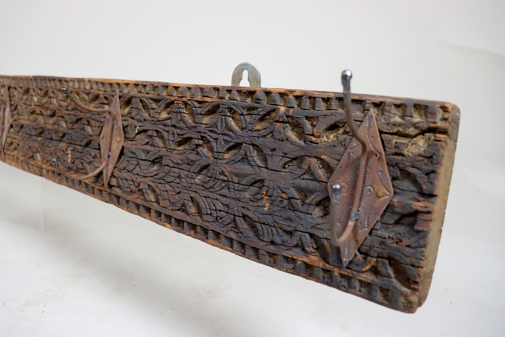 142 cm antique  Coat and hat Rack with 6 wrought iron hooks  Nuristan Afghanistan  No:1