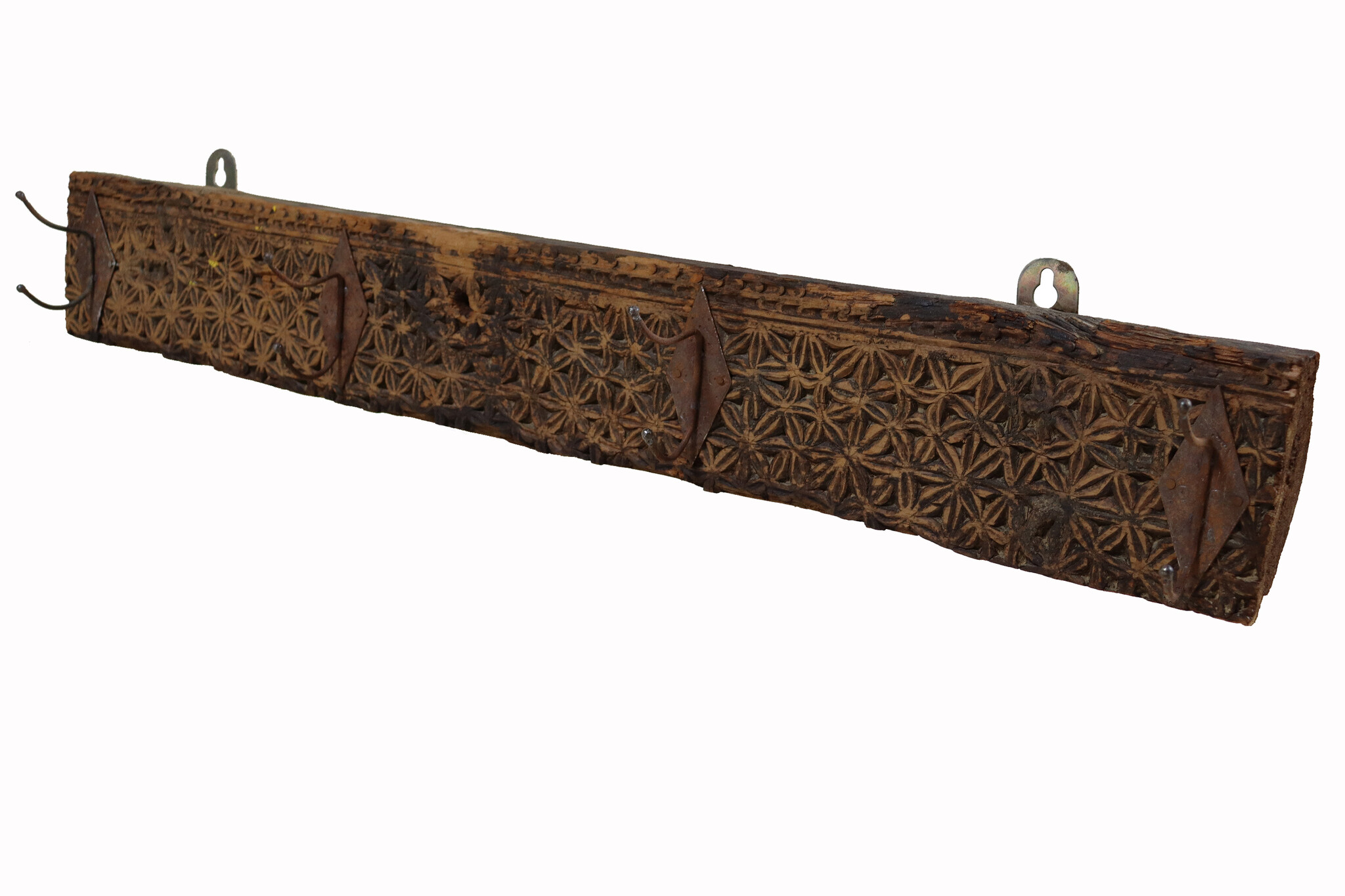 85 cm antique  Coat and hat Rack with 4 wrought iron hooks  Nuristan Afghanistan  No:2