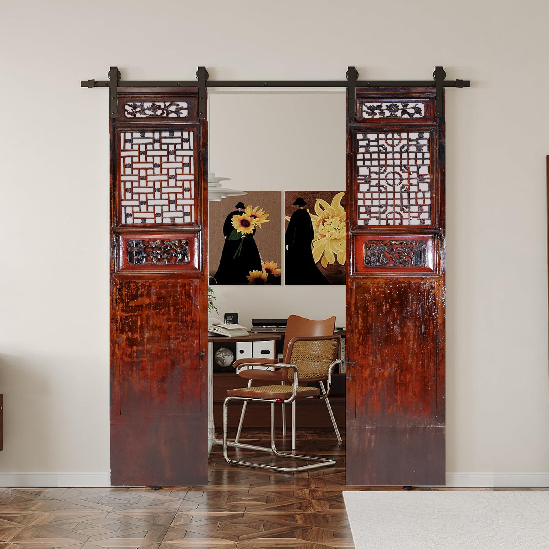 a couple 225x50 cm Antique orient solid wood handmade and hand carved  sliding door room door Barndoors door panel from Japan