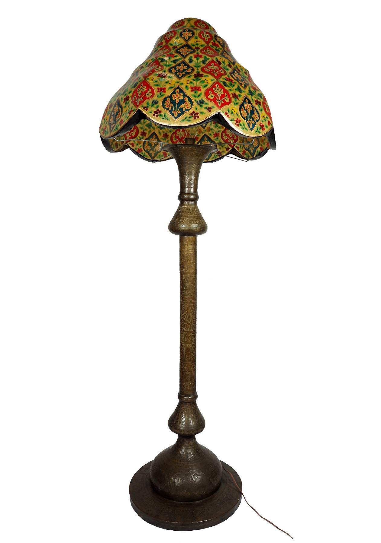 Antique Islamic oriental brass floor lamp standard lamp from the 19th c. Egyptian Middle Eastern Hand Painted Camel Skin leather lampshade