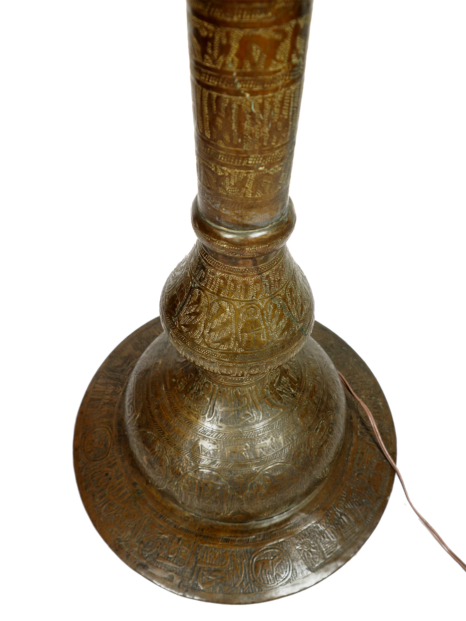 Antik  orientalisch Ägyptische Marokko Nahost / Islamische Messing Stehlampe stehleuchte aus dem 19. Jahrhundert mit neue Kamelleder-Schirm