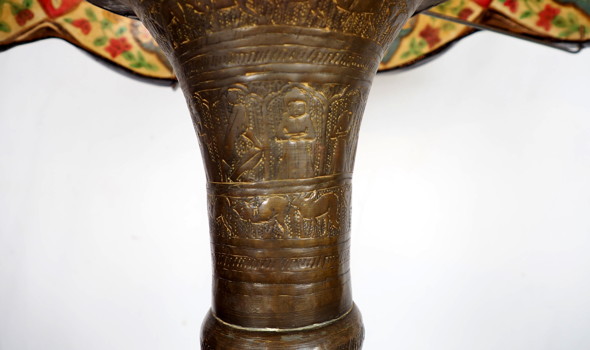 Antik  orientalisch Ägyptische Marokko Nahost / Islamische Messing Stehlampe stehleuchte aus dem 19. Jahrhundert mit neue Kamelleder-Schirm