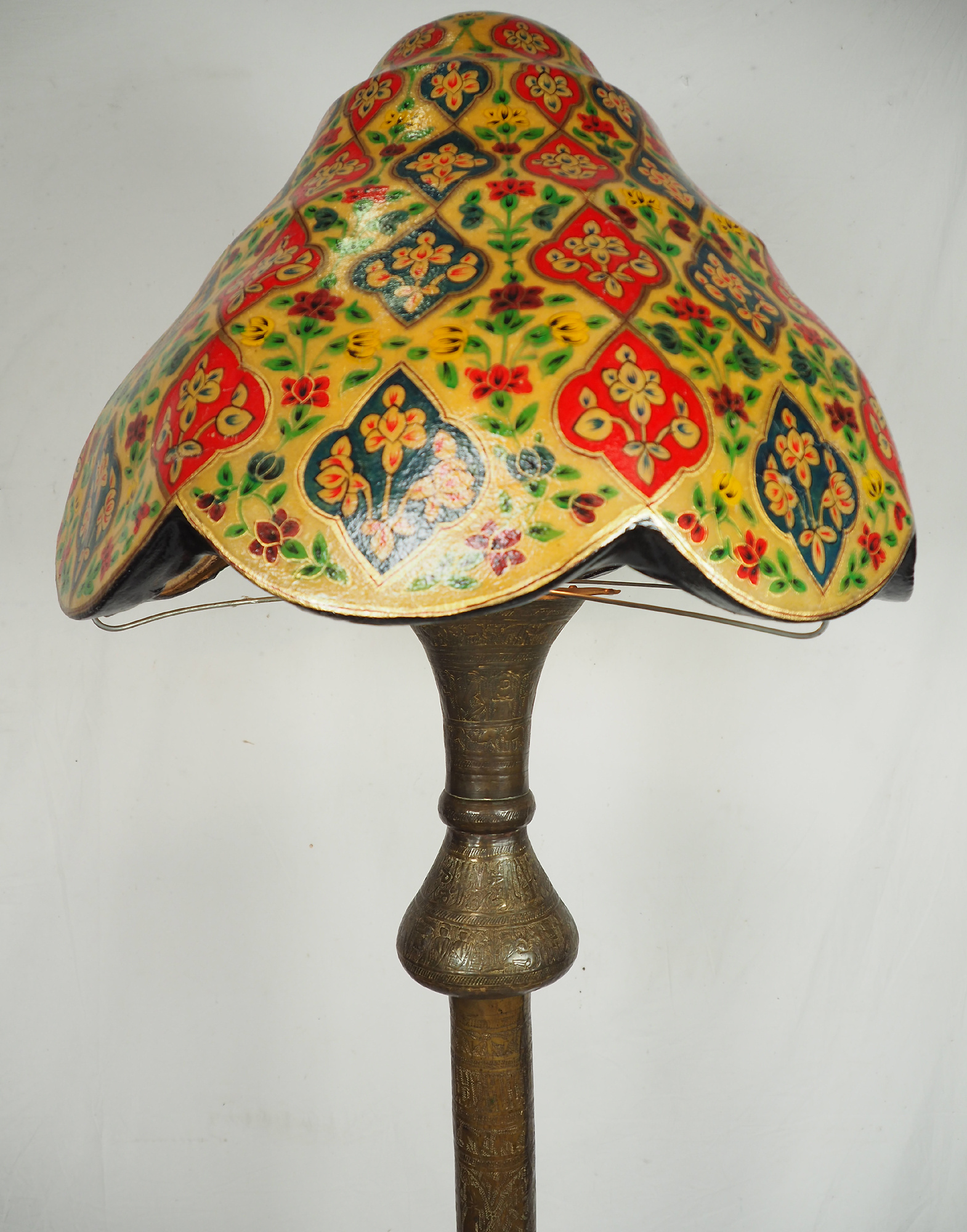 Antique Islamic oriental brass floor lamp standard lamp from the 19th c. Egyptian Middle Eastern Hand Painted Camel Skin leather lampshade