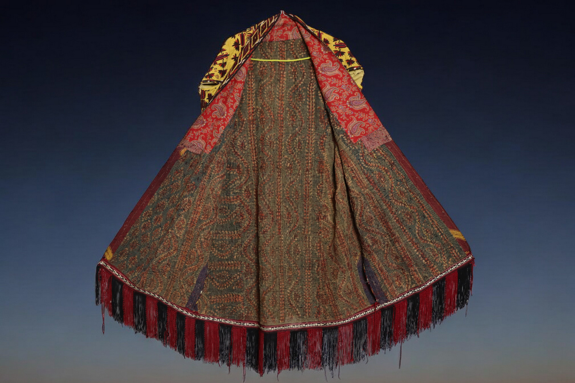 antik Orient Turkmenische Nomaden Chirpy Mantel khalat afghan uzbek kleid afghanistan hand bestickt kostüm Chapan Turkmen Tekke Chyrpy Gelb/A