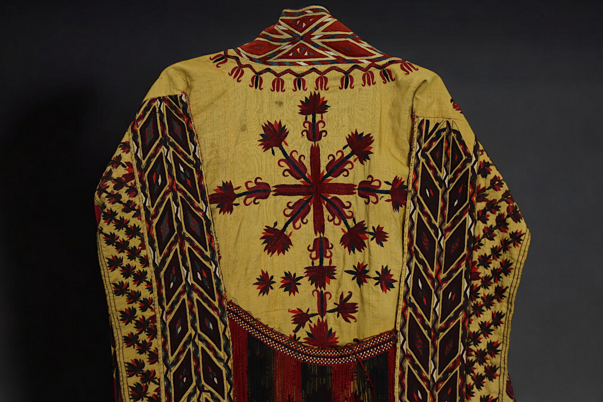 antik Orient Turkmenische Nomaden Chirpy Mantel khalat afghan uzbek kleid afghanistan hand bestickt kostüm Chapan Turkmen Tekke Chyrpy Gelb/B