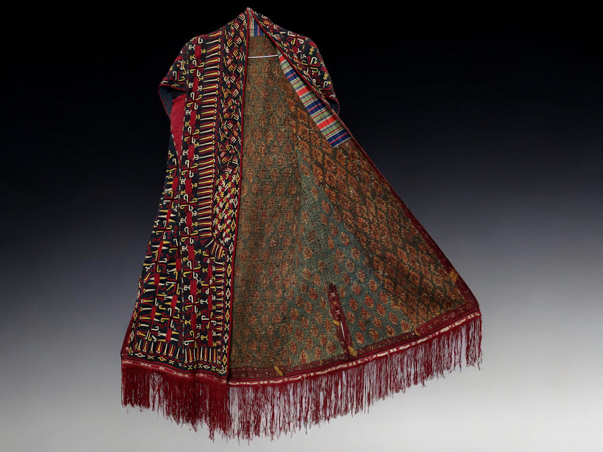 antik Orient Turkmenische Nomaden Chirpy Mantel khalat afghan uzbek kleid afghanistan hand bestickt kostüm Chapan Turkmen Tekke Chyrpy Schwarz 24A