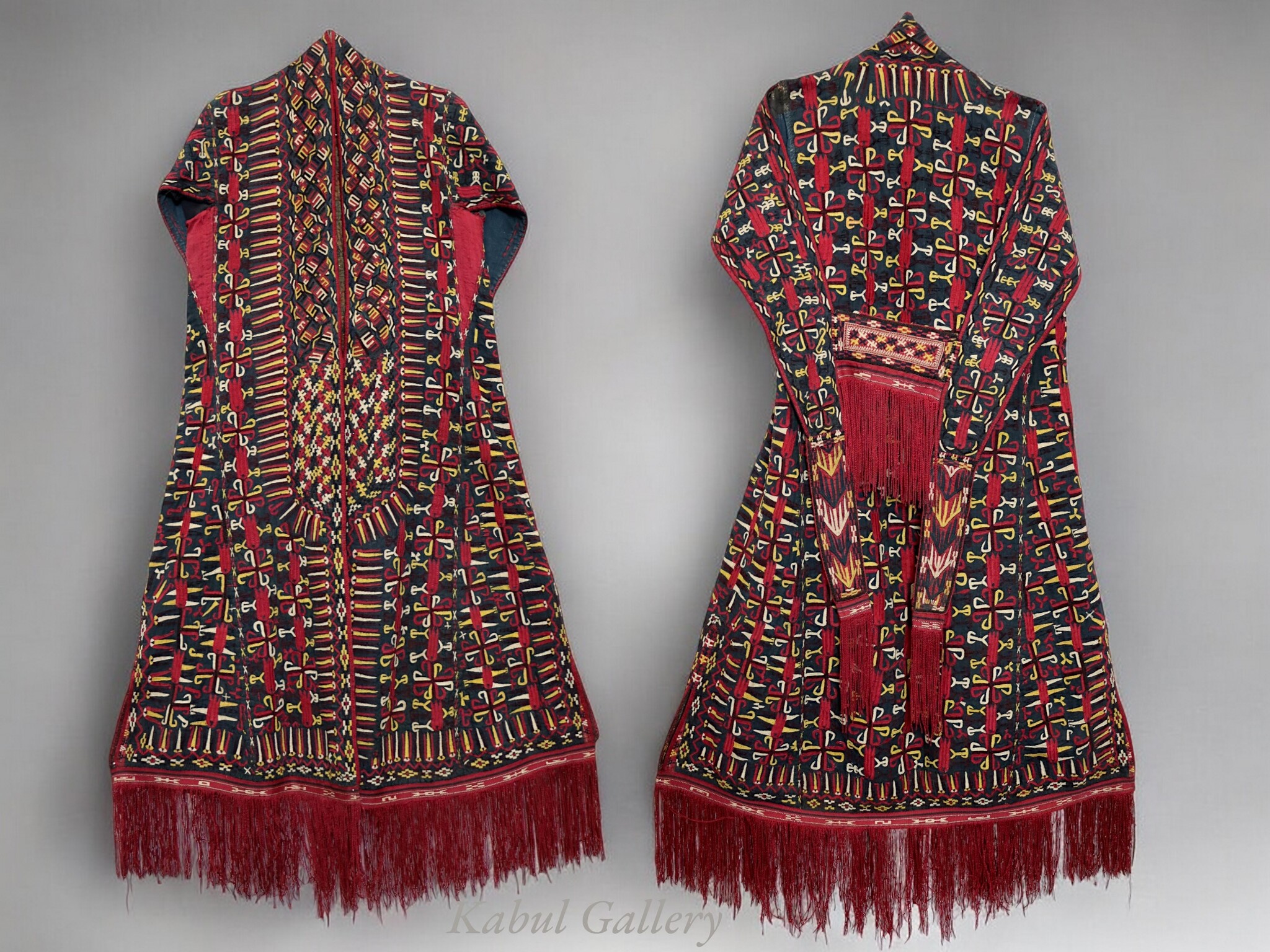 antique embroidered Woman’s Tekke Turkmen Mantle chyrpy robe Coat 19th Century black 24A