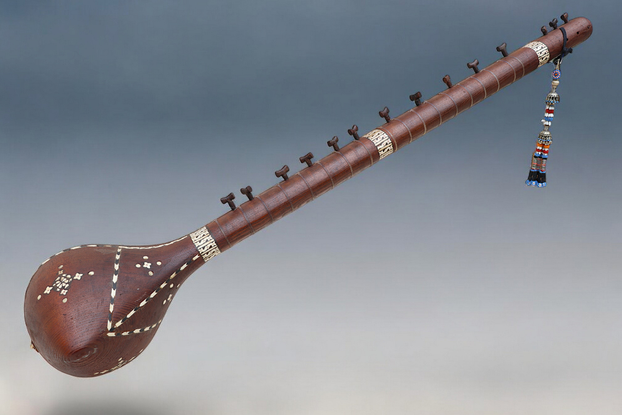 antique afghan folk music instrument Tambur Tanbur tanboor from Afghanaistan  with mother-of-pearl and bone inlaid for left-handed people تنبور No:25
