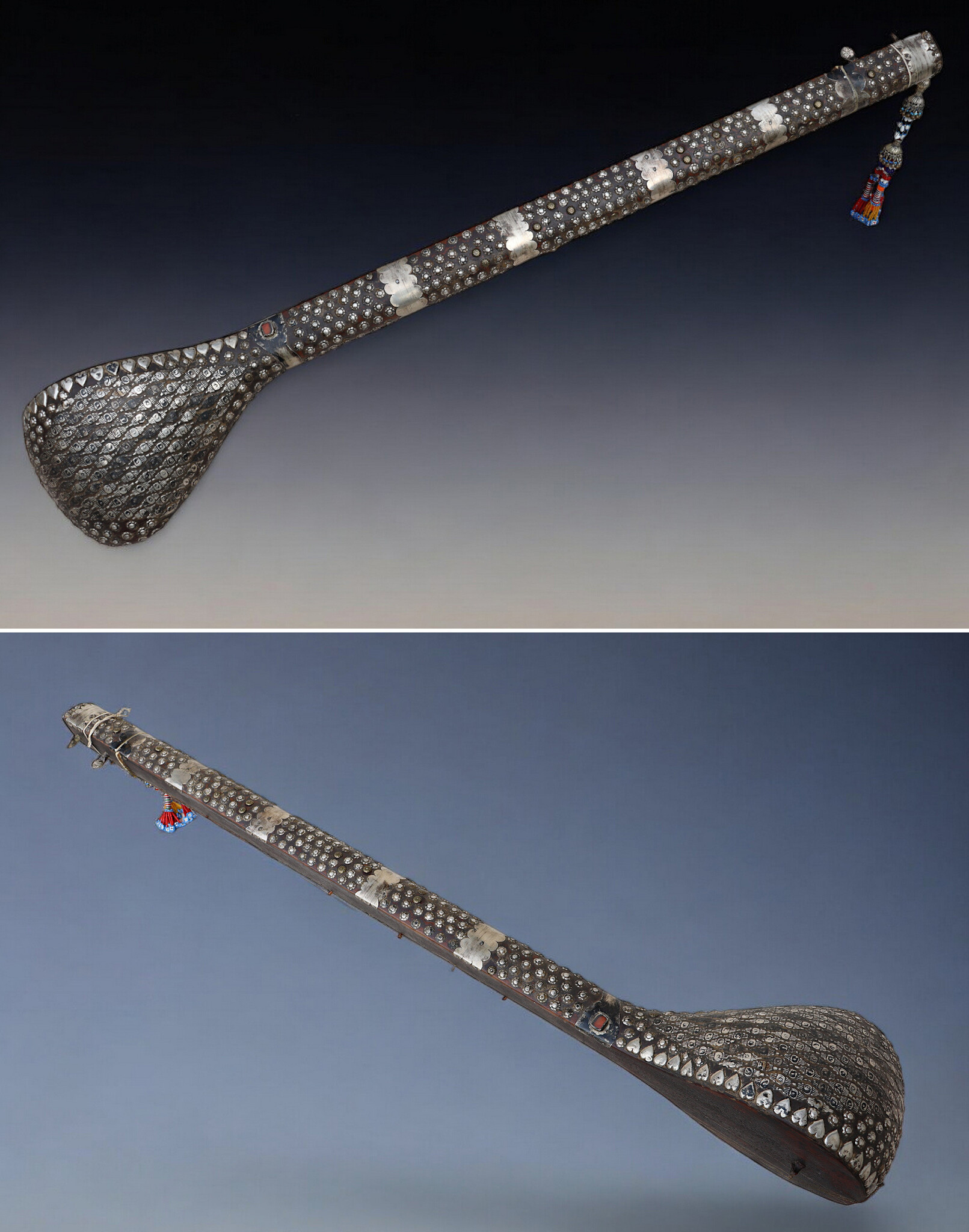 antique afghan folk music instrument Tambur Tanbur tanboor from Afghanaistan  with silver decoration a museum piece تنبور