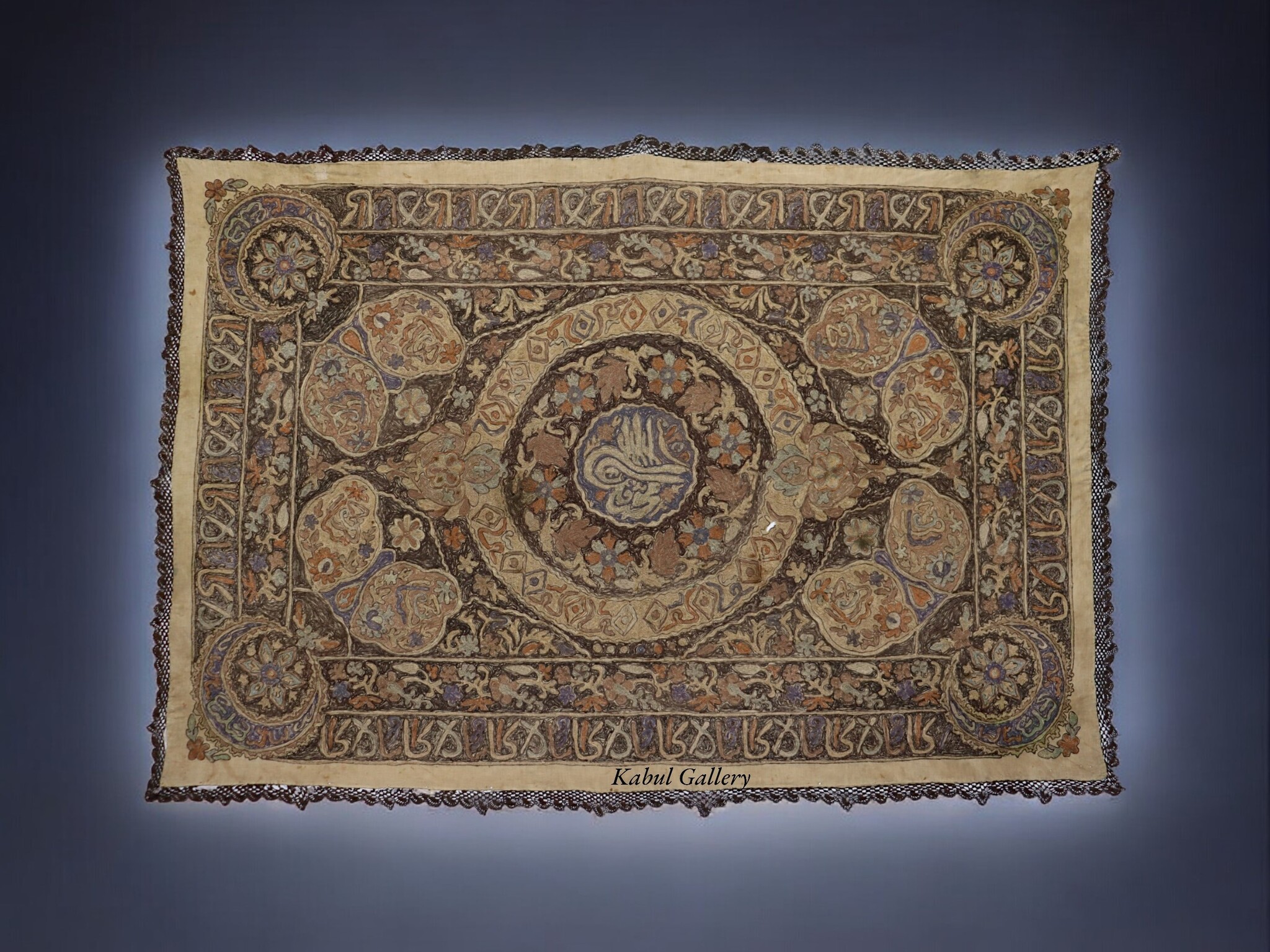 72.8"x50" mid-19th C. Ottoman Metallic Thread Embroidered Tablecloth wall hanging  24/A