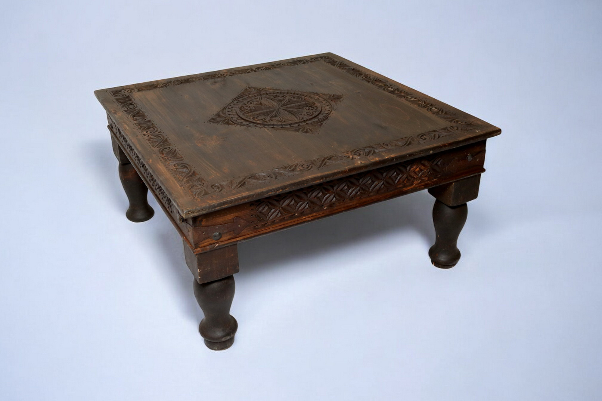 100x100 cm antique-look orient solid wood hand-carved table living room table coffee table Nuristan Afghanistan 24