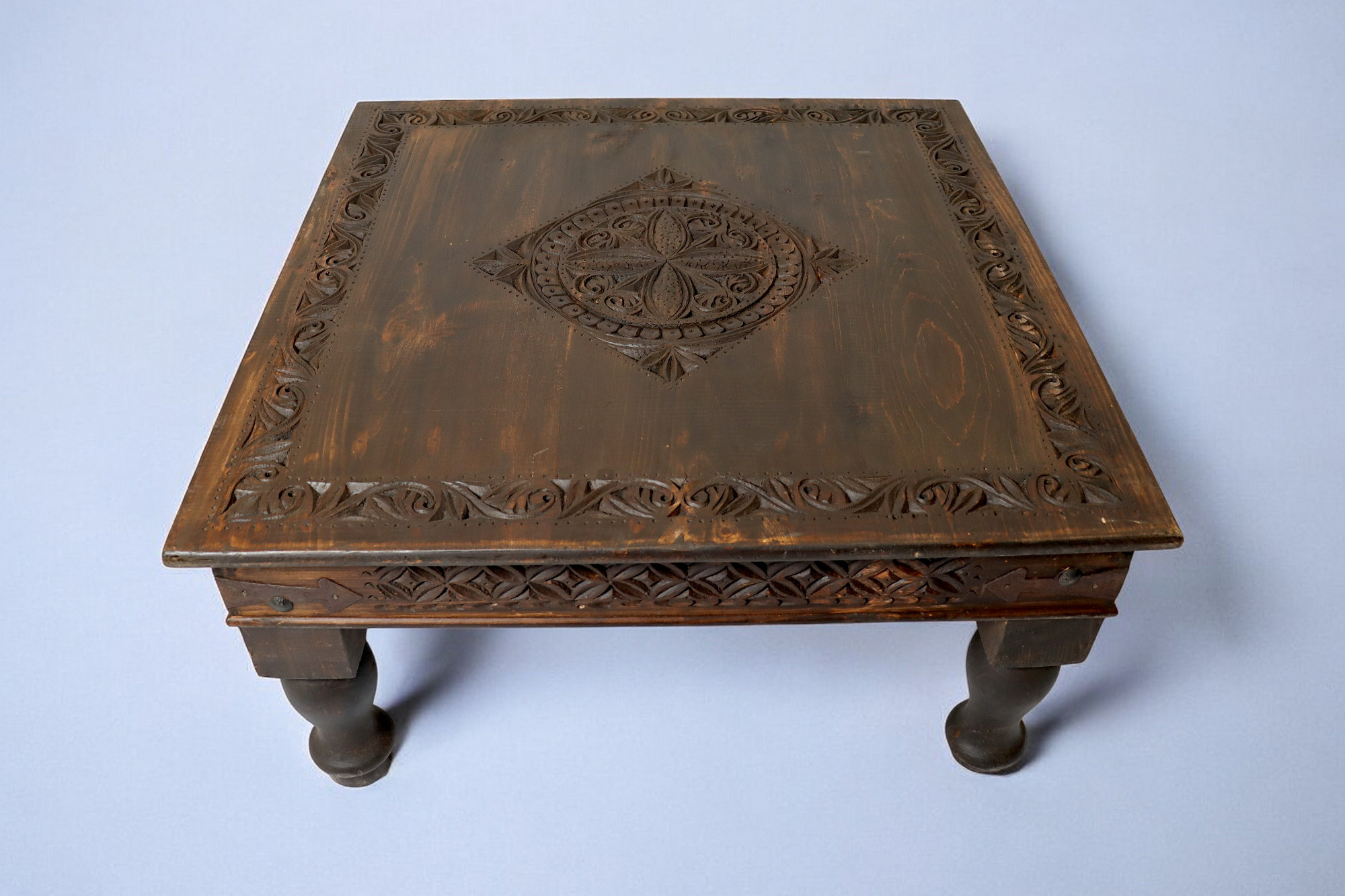 100x100 cm antique-look orient solid wood hand-carved table living room table coffee table Nuristan Afghanistan 24