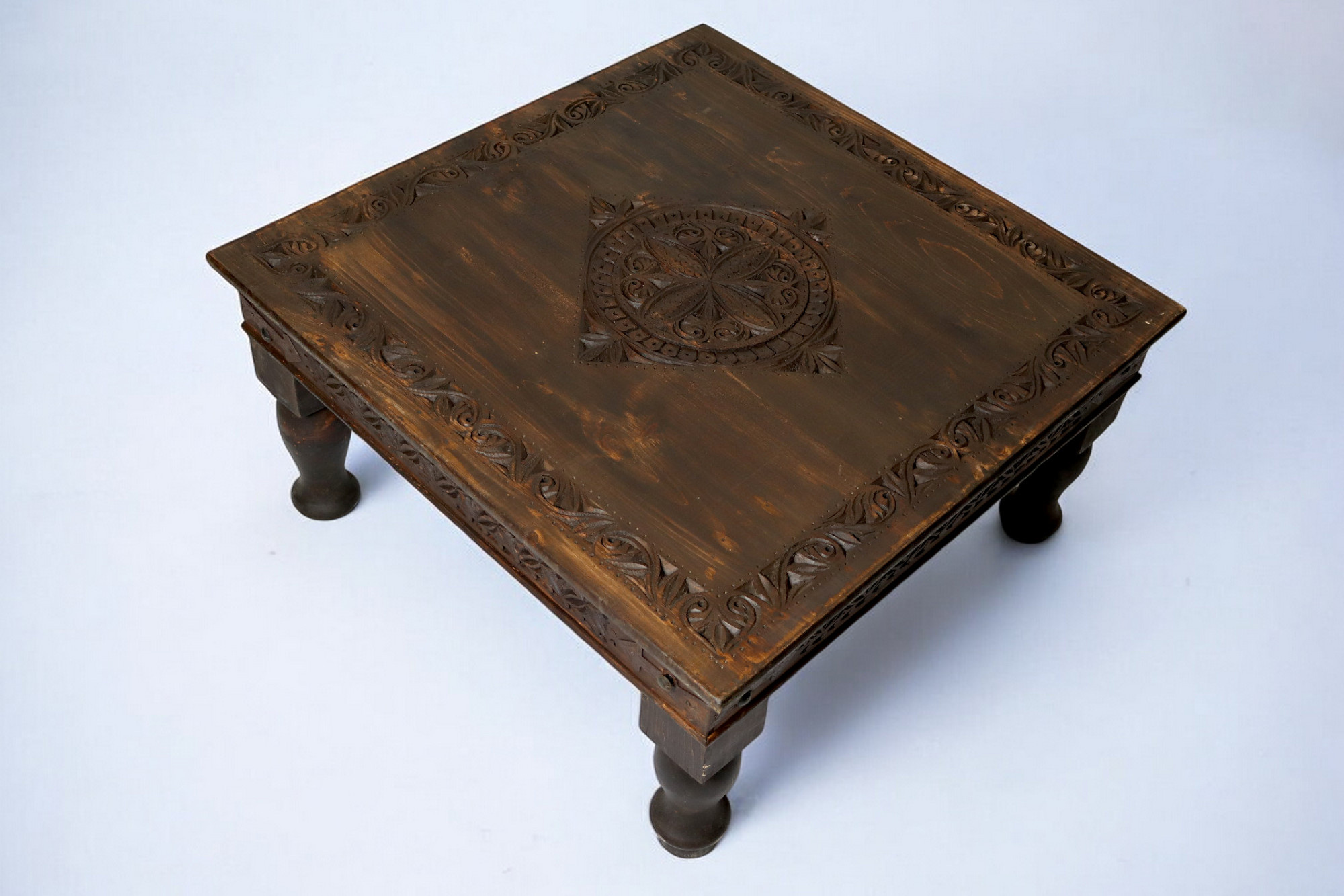 100x100 cm antique-look orient solid wood hand-carved table living room table coffee table Nuristan Afghanistan 24