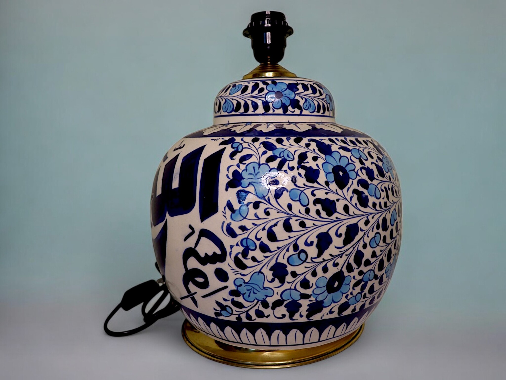 super large Multan ware Ceramic lamp base with islamic calligraphy blue and turquoise Iznik decoration بسم الله الرحمن الرحيم No:25L