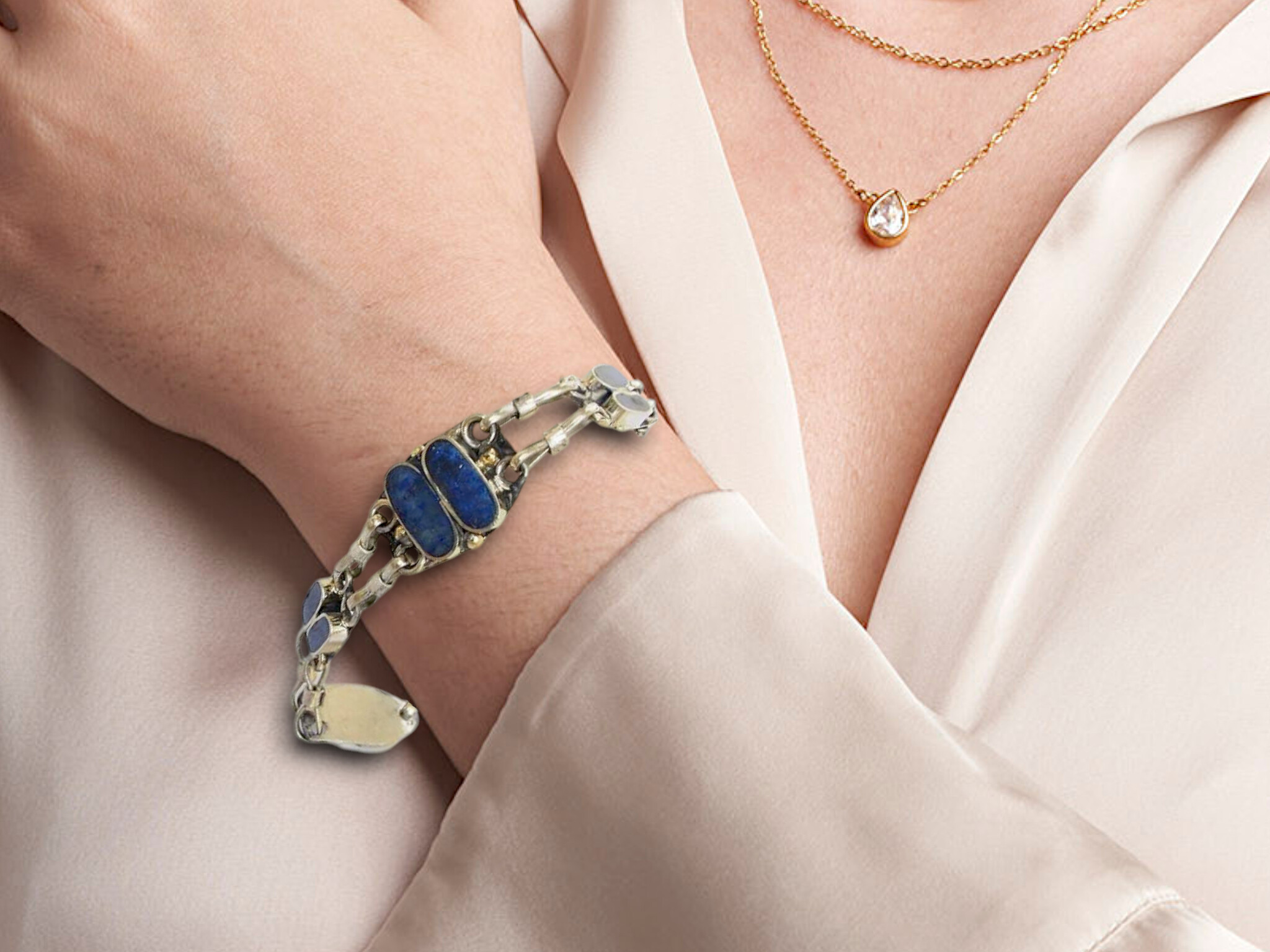 orient nomad lapis bracelet nickel silver + vintage afghan nomadic bracelet -A