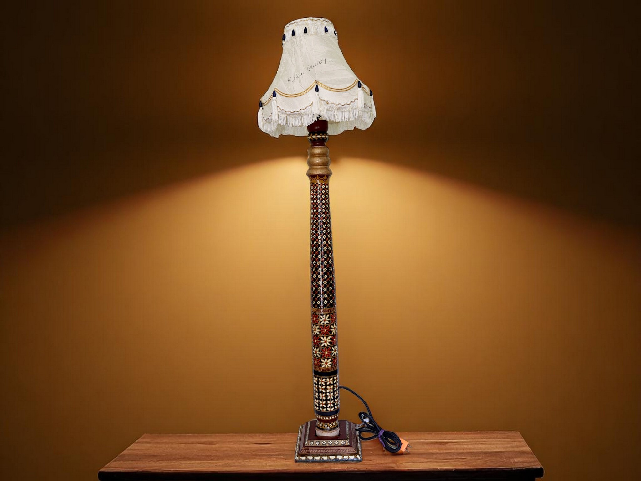 120 cm hoch vintage Massivholz handbemalt relief Miniaturmalerei orientalische Lampe Stehlampe Stehleuchte Flurlampe Afghanistan MGL nr:25M