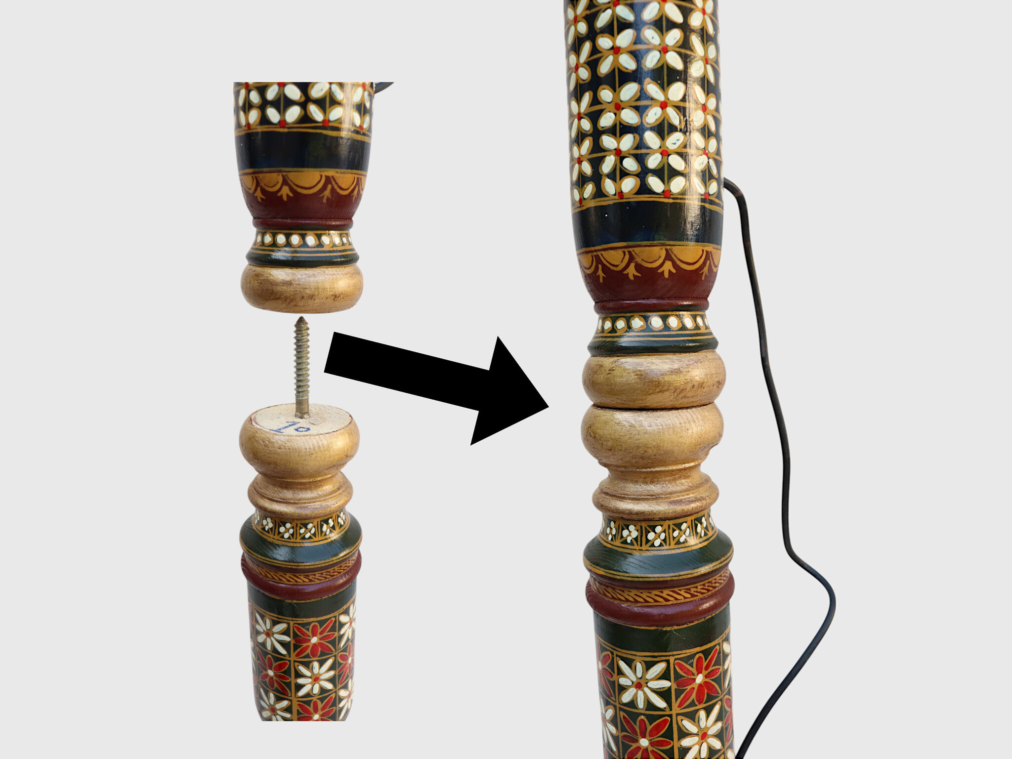 190 cm hoch vintage Massivholz handbemalt relief Miniaturmalerei orientalische Lampe Stehlampe Stehleuchte Flurlampe Afghanistan MGL nr:25L