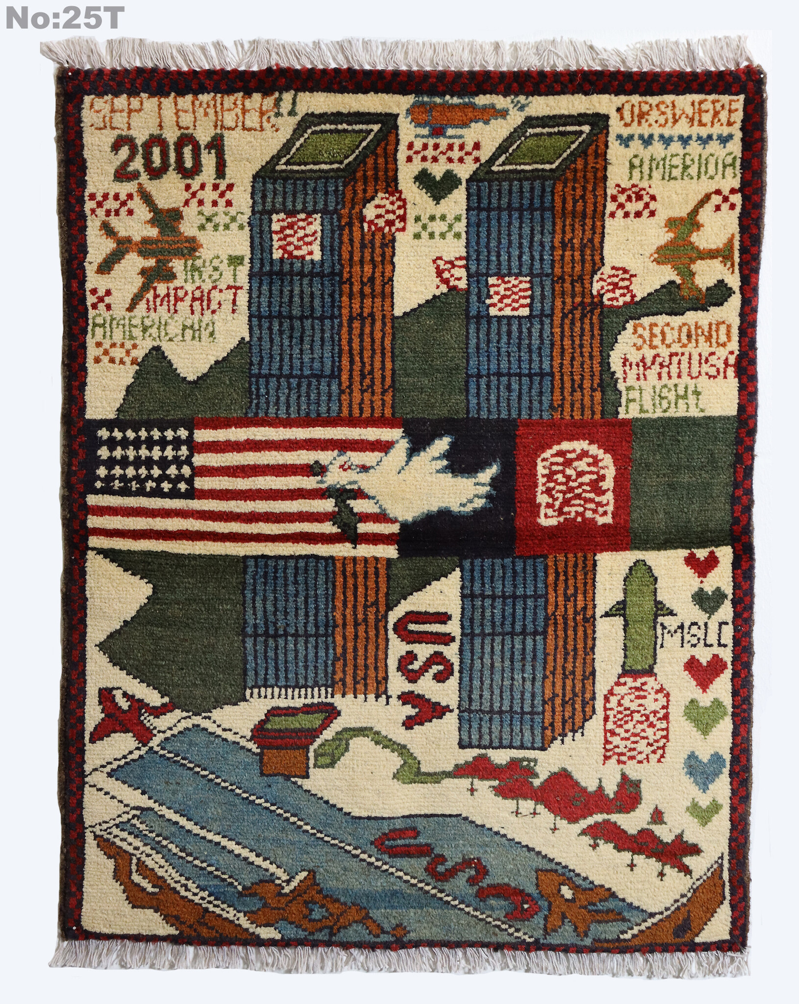 80x60 cm Afghanistan U.S.A 11 september 2001 Newyork world trade center afghan Kriegteppich  Nr.25 - T
