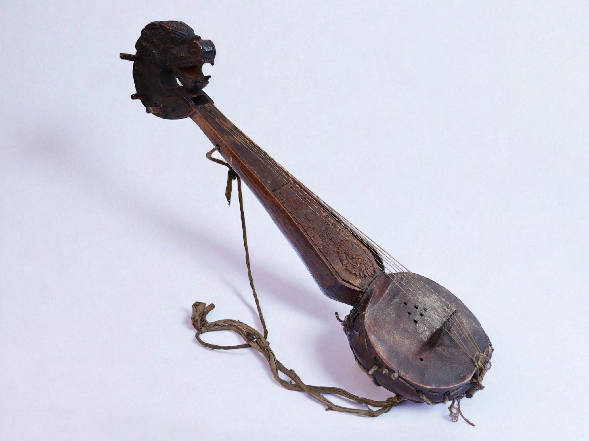 19th C. Antique Tibetan Tungna musical instruments Wooden Himalayan regions, particularly Nepal Tibet Sikkim Bhutan String Instrument