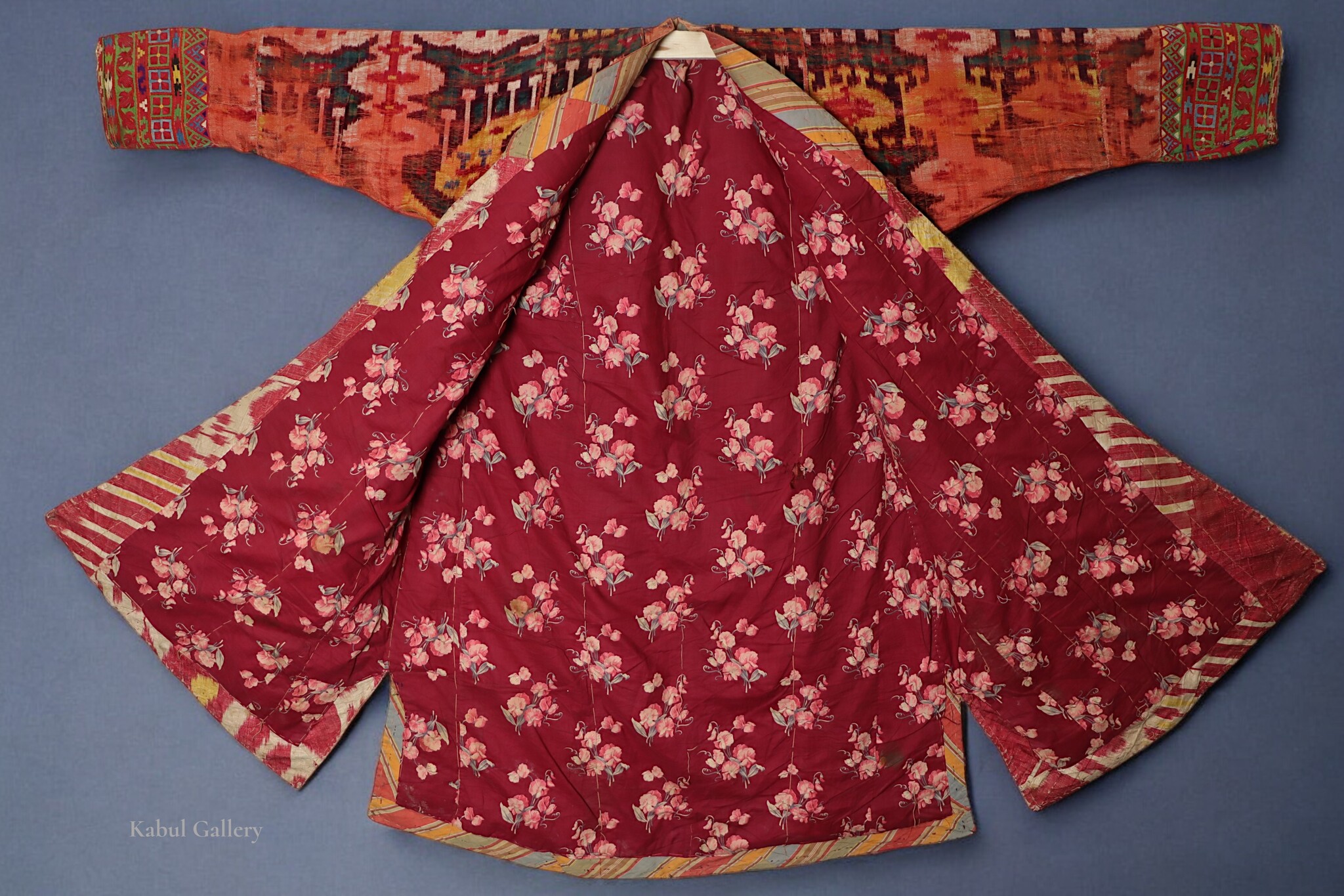 antique Bokhara embroidered Velvet Ikat Chapan, Uzbekistan, 19th C. Mantle chyrpy robe Coat bakhmal