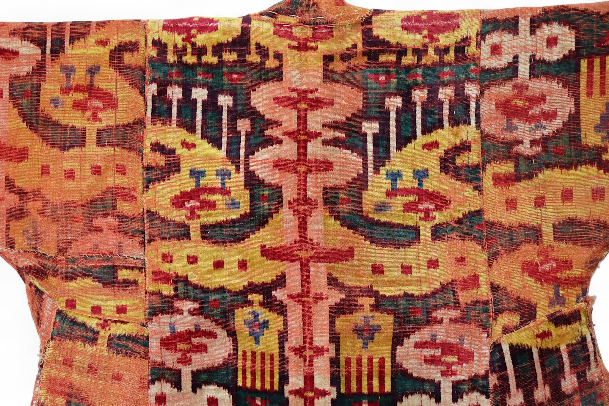 antique Bokhara embroidered Velvet Ikat Chapan, Uzbekistan, 19th C. Mantle chyrpy robe Coat bakhmal