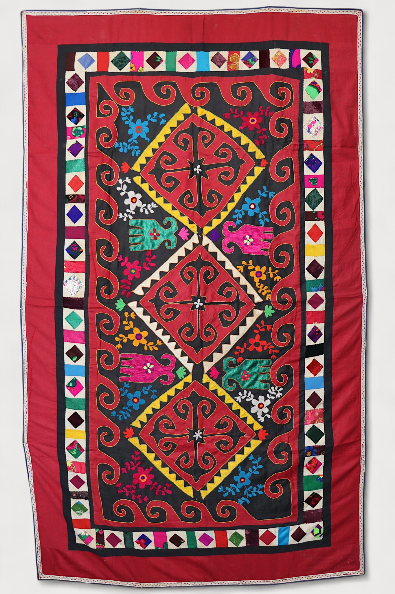 198x115 cm Antique Uzbek tribal silk Hand Sewn Embroidered Lakai Patchwork No: eb25/1