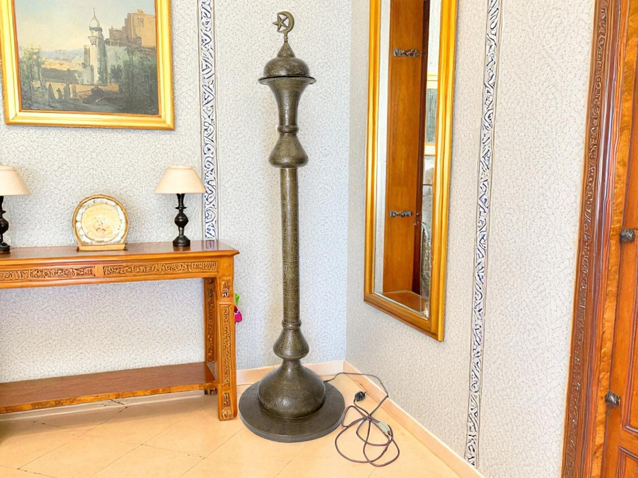 Antik  orientalisch Ägyptische Marokko Nahost / Islamische Messing Stehlampe stehleuchte aus dem 19. Jahrhundert