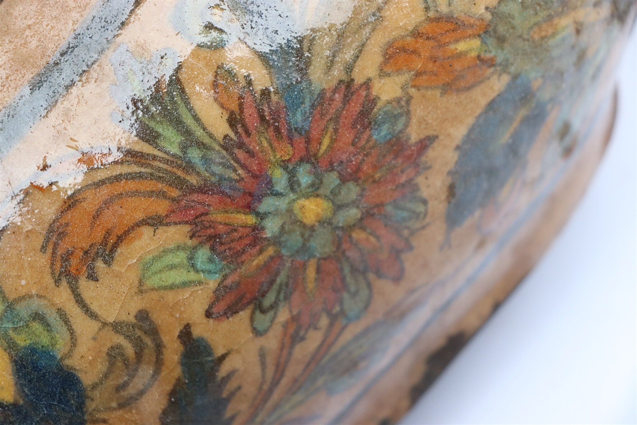 islamic Qajar Kashkul, 20th Century, made from ceramic, stone paste with polychrome flower decoration  underneath a clear glaze.   25B