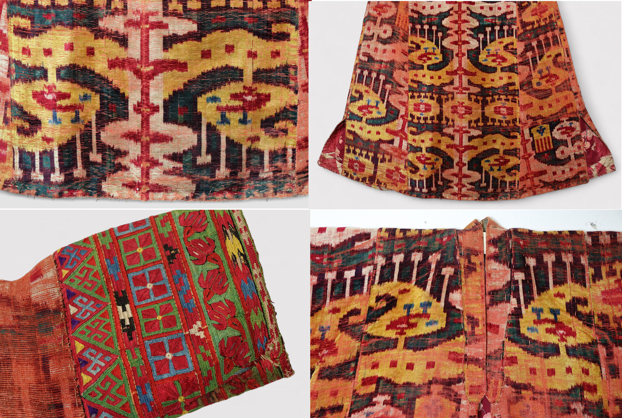 antique Bokhara embroidered Velvet Ikat Chapan, Uzbekistan, 19th C. Mantle chyrpy robe Coat bakhmal