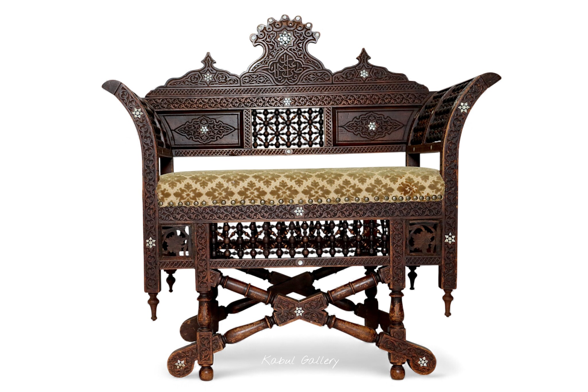 antique orient islamic vintage Carved Walnut Bench Inlaid With Mother-of-pearl  carpet From Damascus, Syria Moorish art 25A