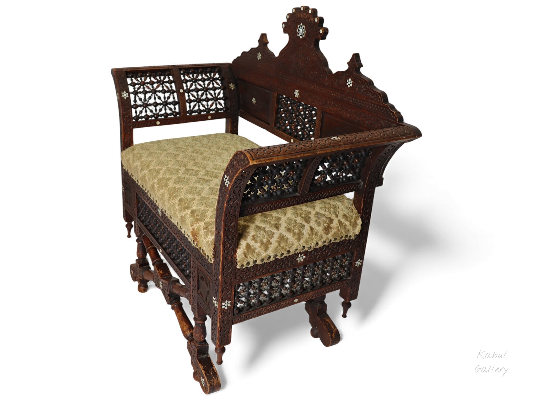 antique orient islamic vintage Carved Walnut Bench Inlaid With Mother-of-pearl  carpet From Damascus, Syria Moorish art 25A