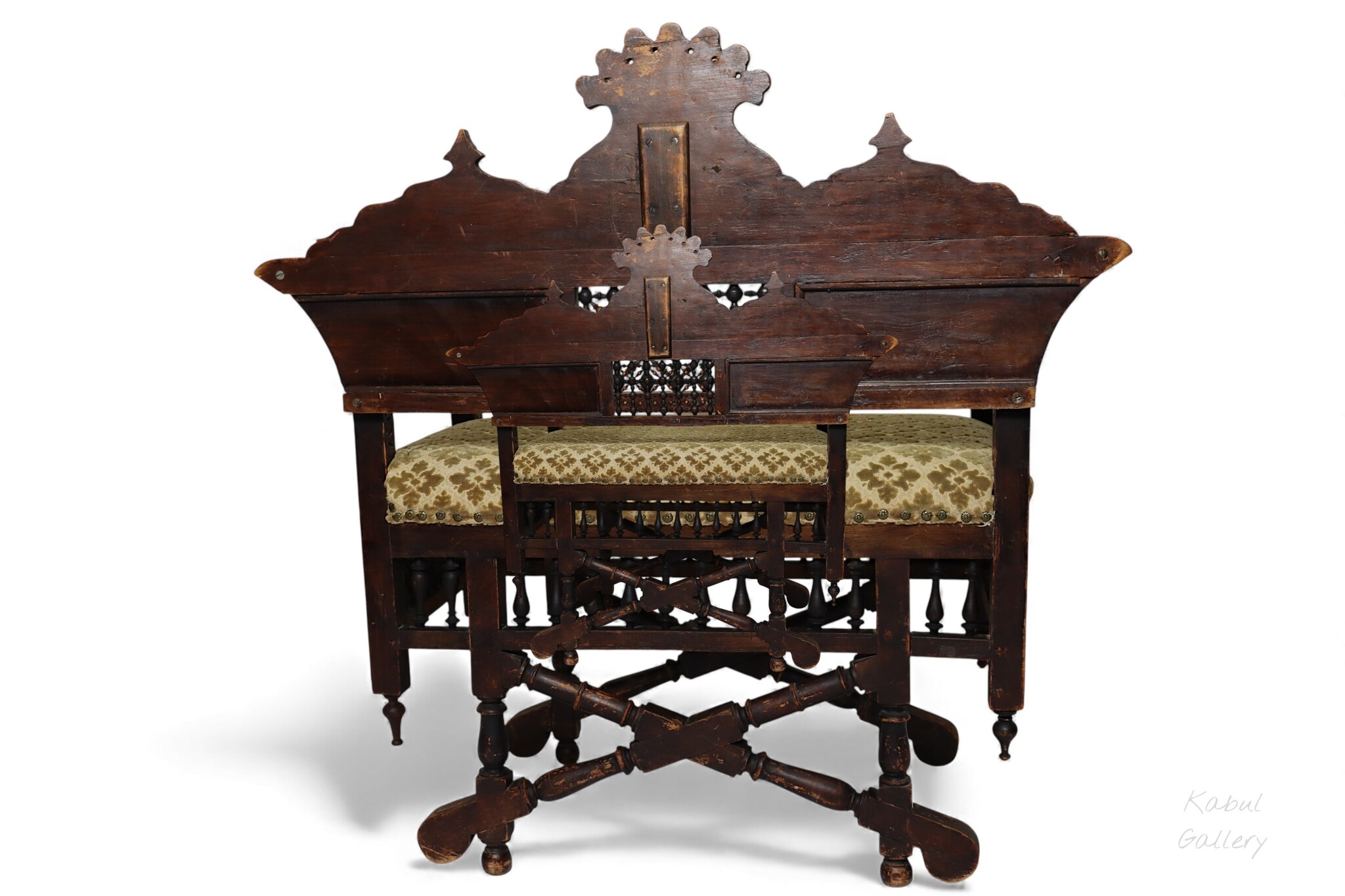 antique orient islamic vintage Carved Walnut Bench Inlaid With Mother-of-pearl  carpet From Damascus, Syria Moorish art 25A