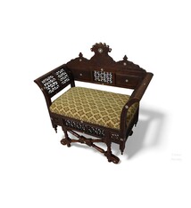 antique orient islamic vintage Carved Walnut Bench Inlaid With Mother-of-pearl  carpet From Damascus, Syria Moorish art 25A