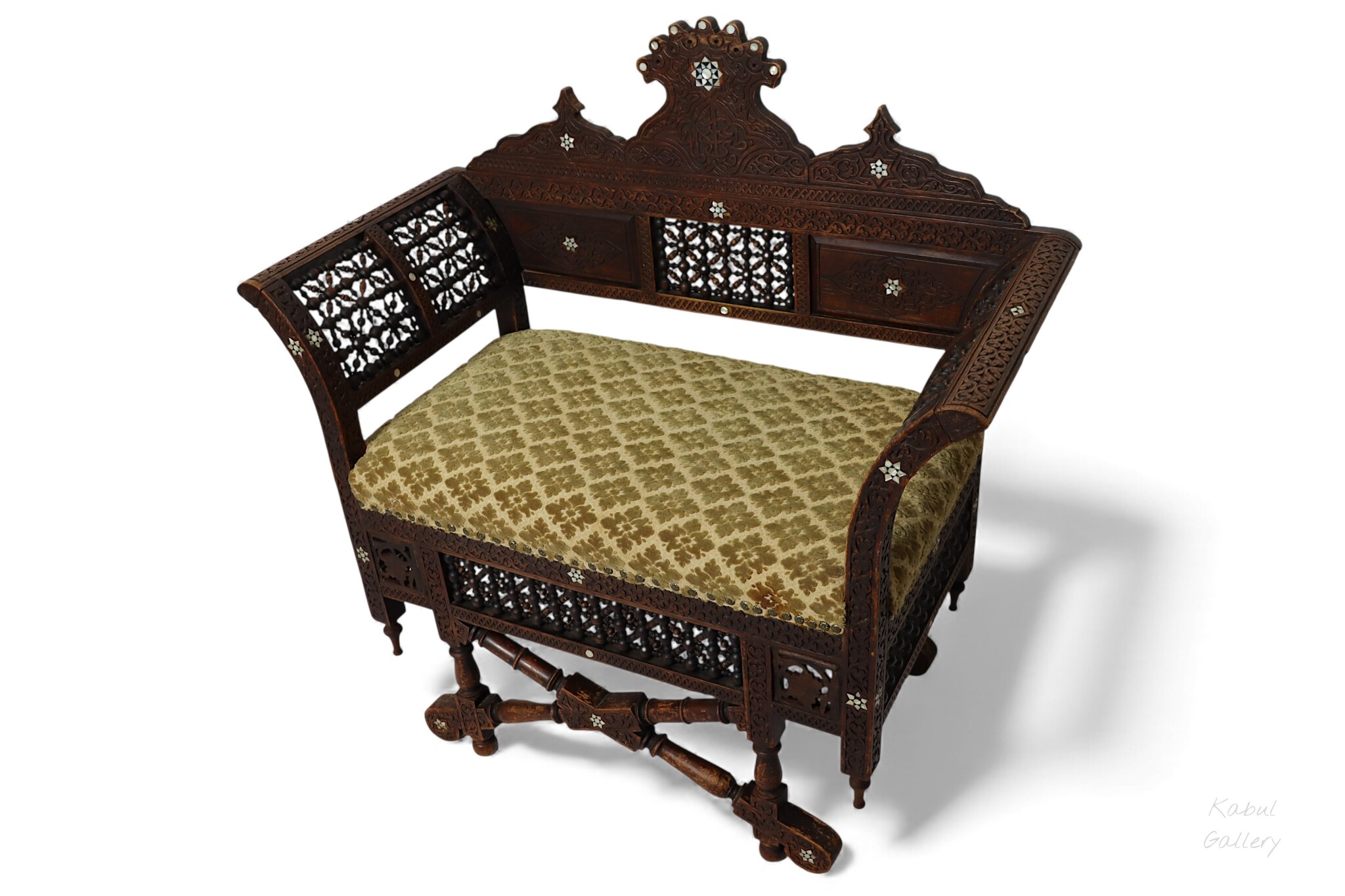 antique orient islamic vintage Carved Walnut Bench Inlaid With Mother-of-pearl  carpet From Damascus, Syria Moorish art 25A