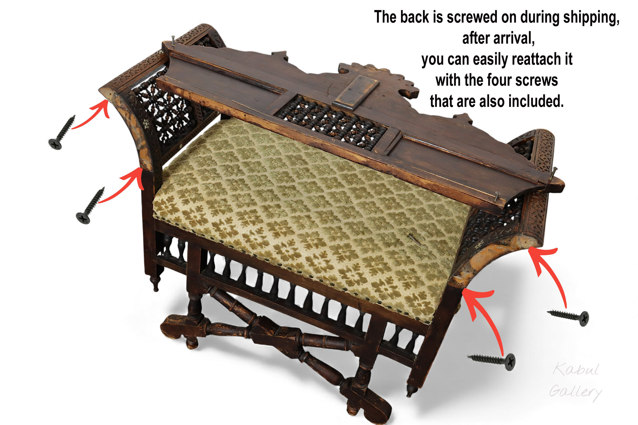 antique orient islamic vintage Carved Walnut Bench Inlaid With Mother-of-pearl  carpet From Damascus, Syria Moorish art 25A